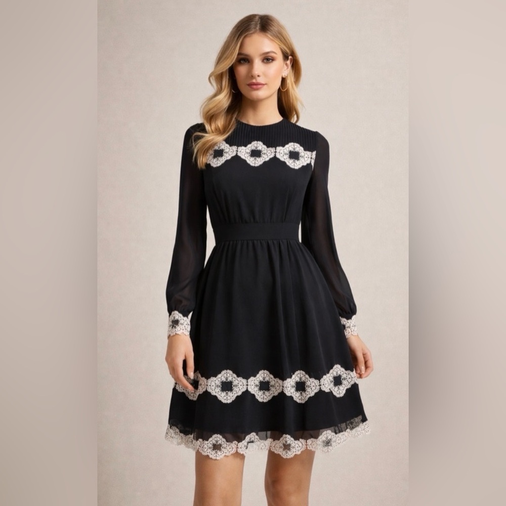 Ted Baker Avianah Lace Applique Dress Black Chiffon Women’s sz‎ 4